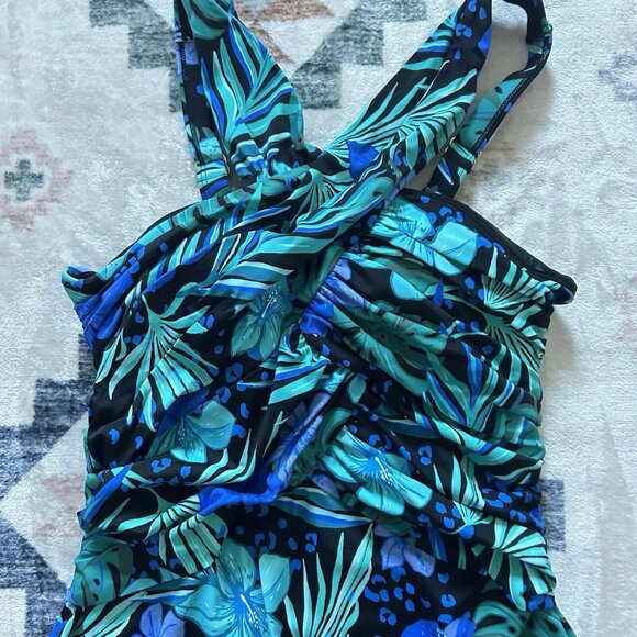 Swimsuits For All Women's Plus Sz 10 High Neck Wrap Swimdress Blue Hawaiian - Picture 2 of 7